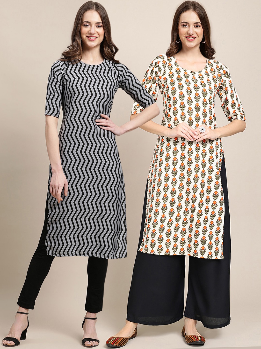 

7Threads Women's Crepe Pack OF 2 Beige & Grey Color Ethnic Motifs Printed Straight Kurta