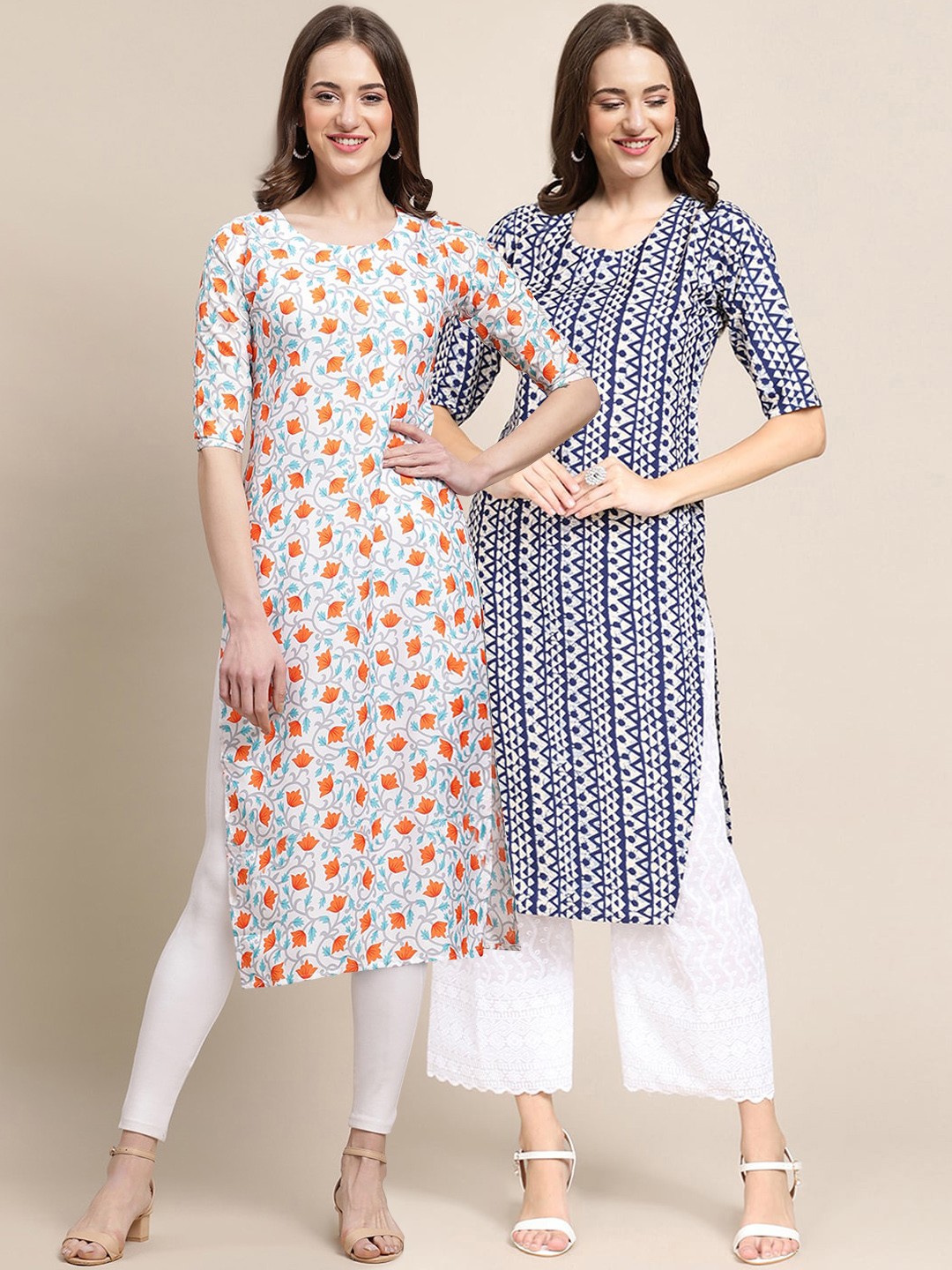 

7Threads Women's Crepe Beige & Blue Color Floral Printed Straight Kurta (PACK OF 2)
