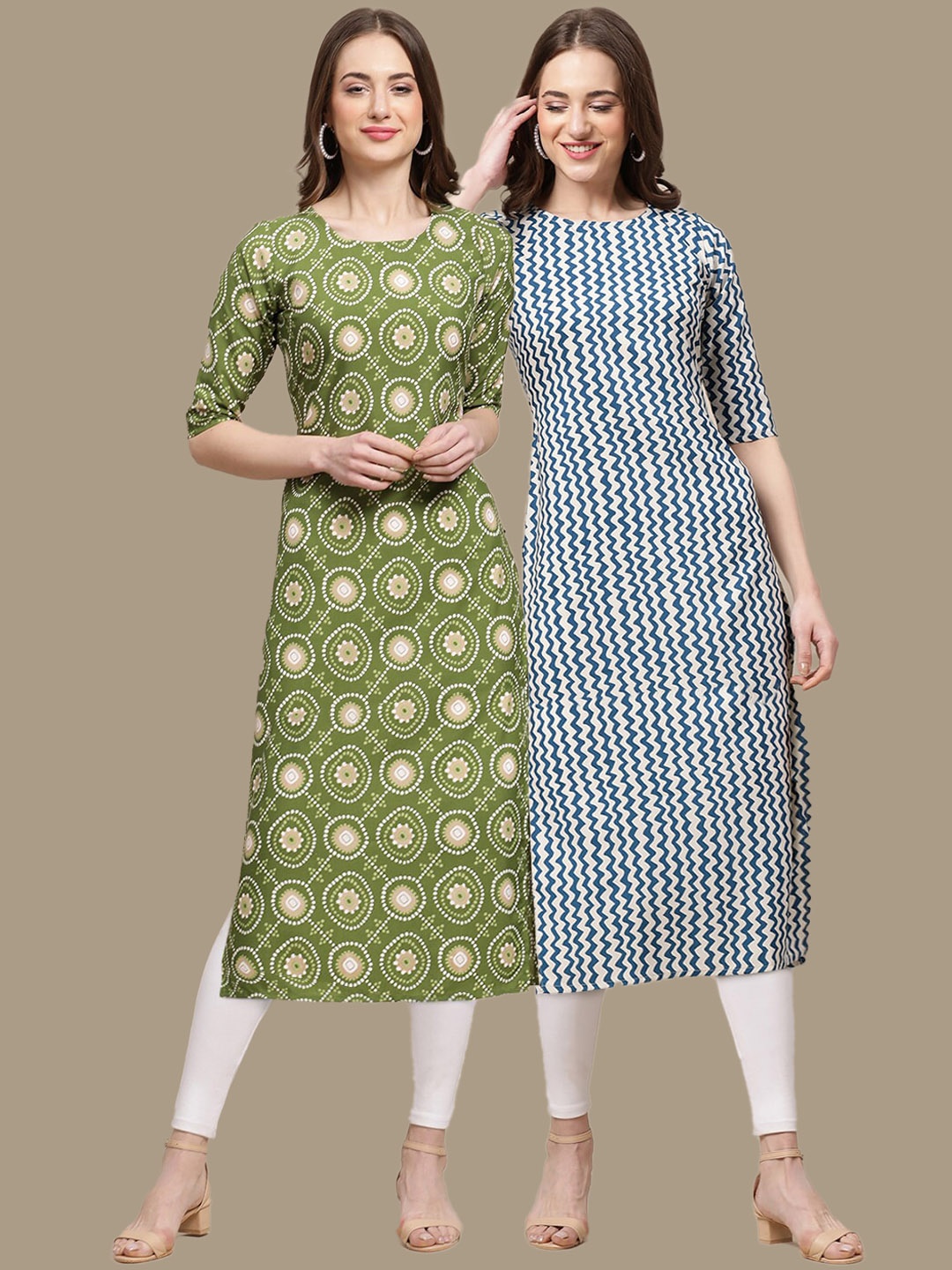 

KALINI Women Pack Of 2 Geometric Striped Summer Sheers Crepe Kurta, Green