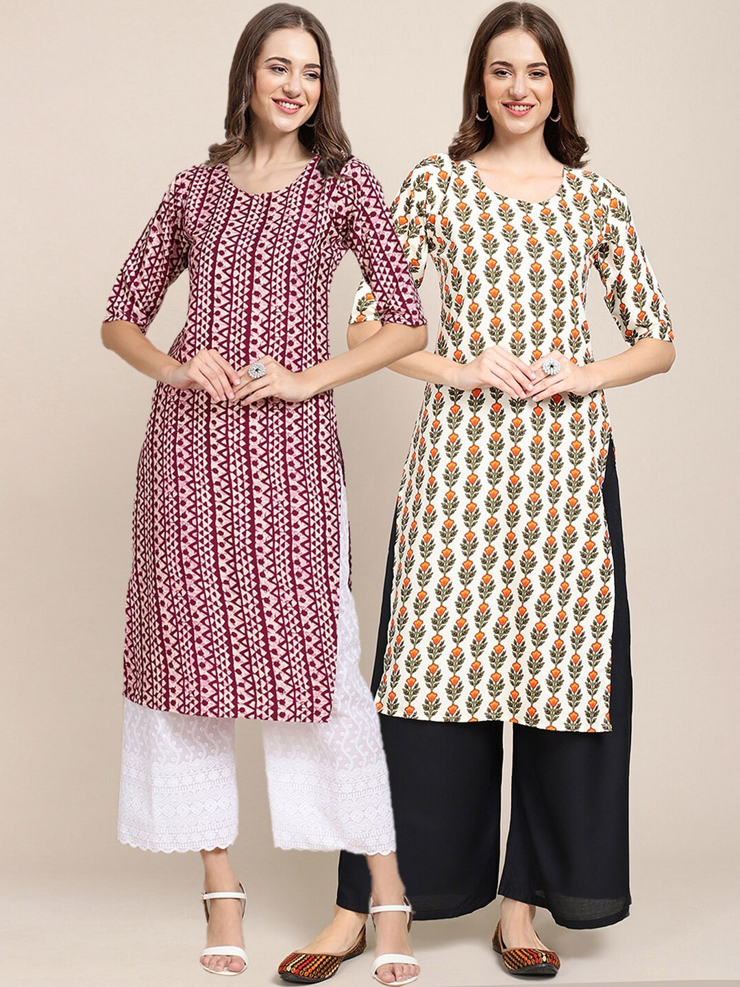 

7Threads Women's Crepe Maroon & Beige Color Ethnic Motifs Printed Straight Kurta (PACK OF 2)