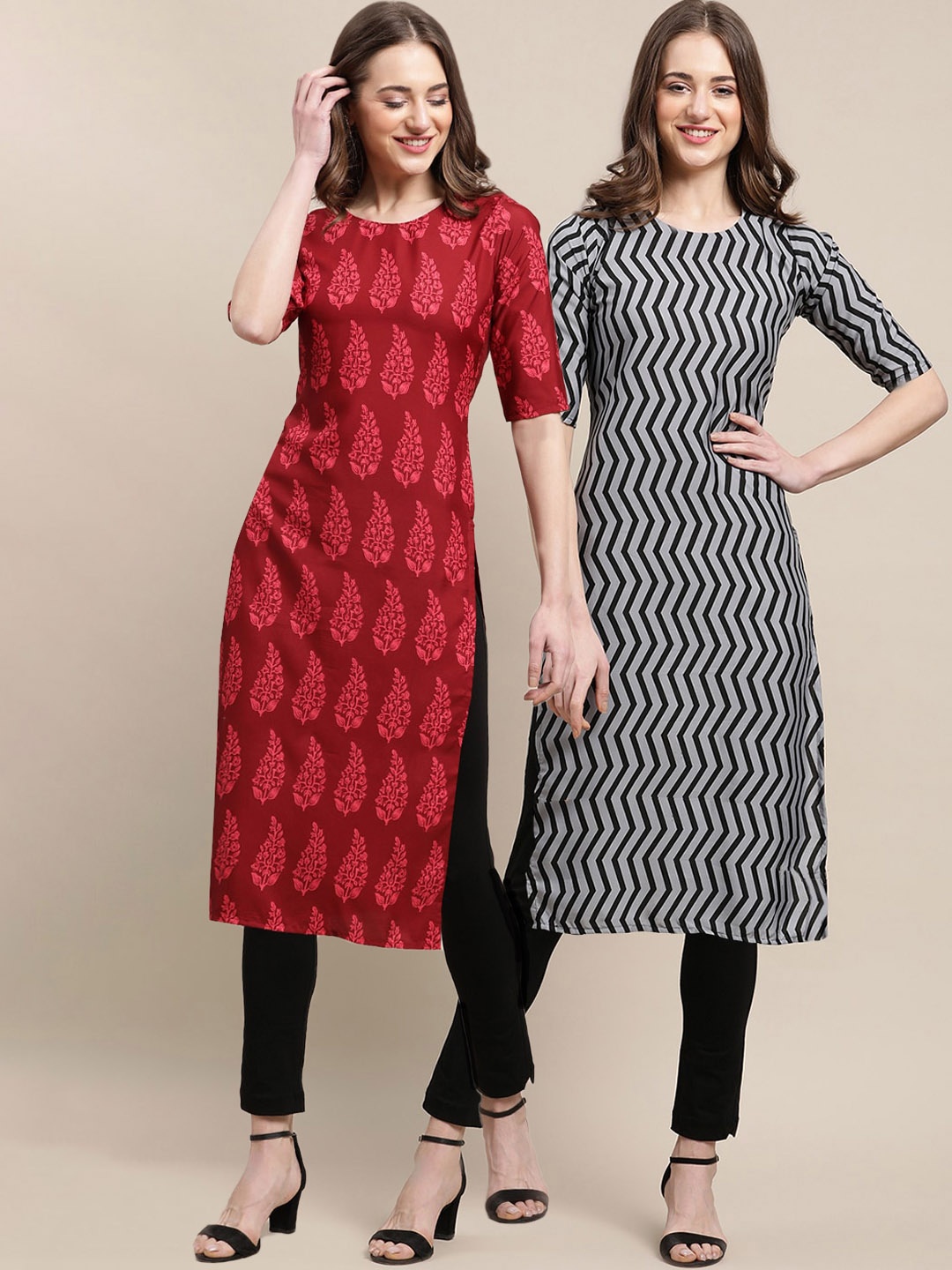 

7Threads Women Pack Of 2 Maroon & Grey Ethnic Motifs Printed Summer Sheers Crepe Kurta