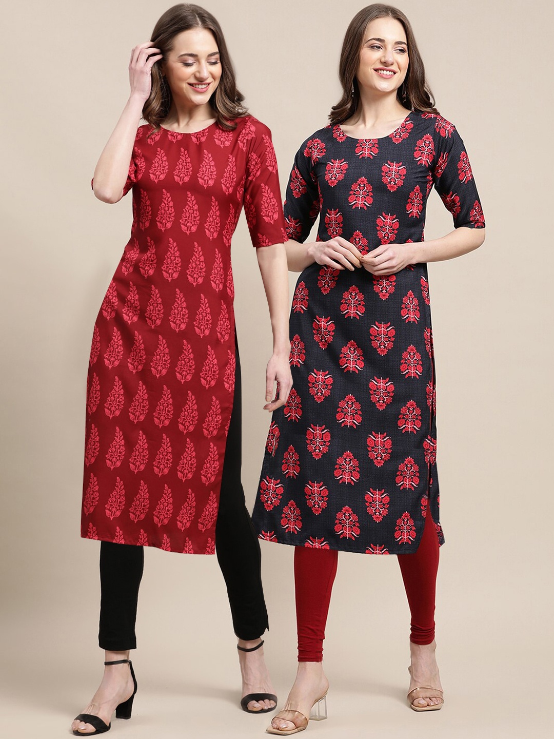 

7Threads Women Pack Of 2 Maroon & Black Ethnic Motifs Printed Summer Sheers Crepe Kurta