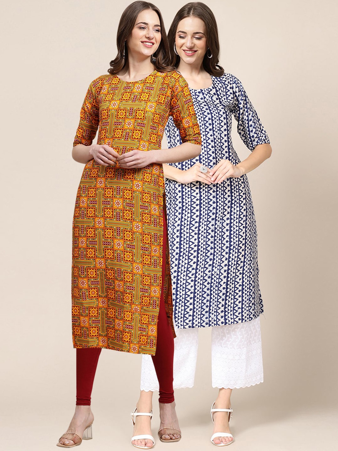 

7Threads Women Pack Of 2 Mustard Yellow & White Ethnic Motifs Printed Crepe Kurta