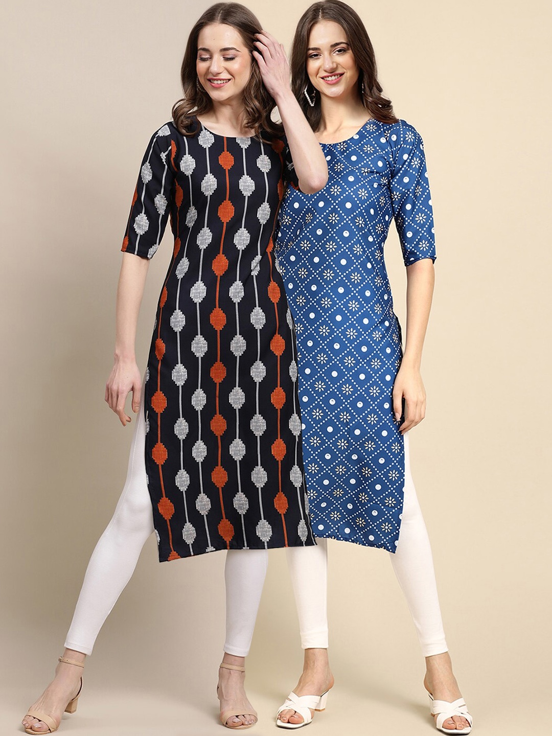 

7Threads Women Pack Of 2 Black & Blue Geometric Printed Summer Sheers Crepe Kurta