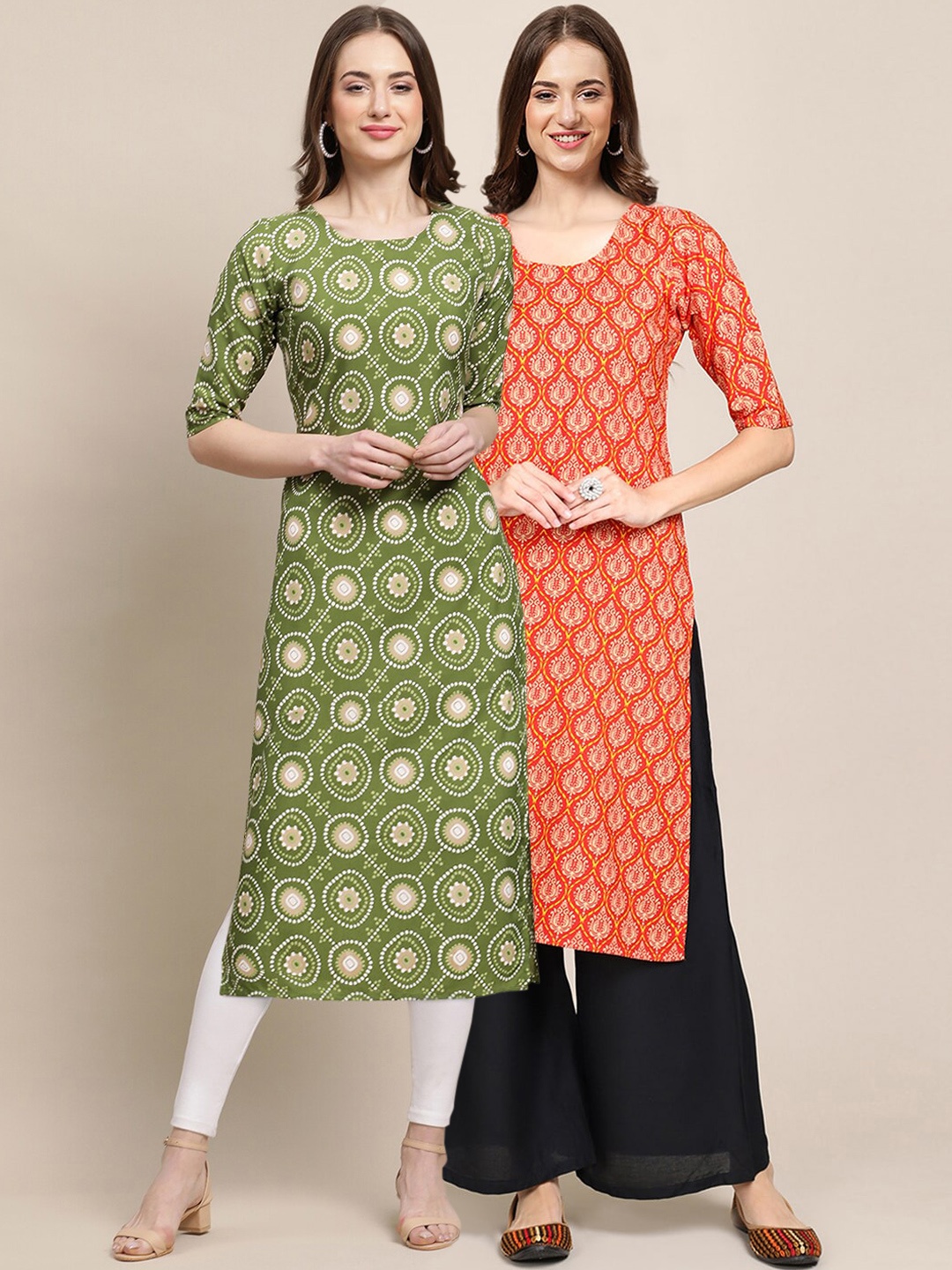 

7Threads Women Pack Of 2 Orange & Green Ethnic Motifs Printed Summer Sheers Crepe Kurta