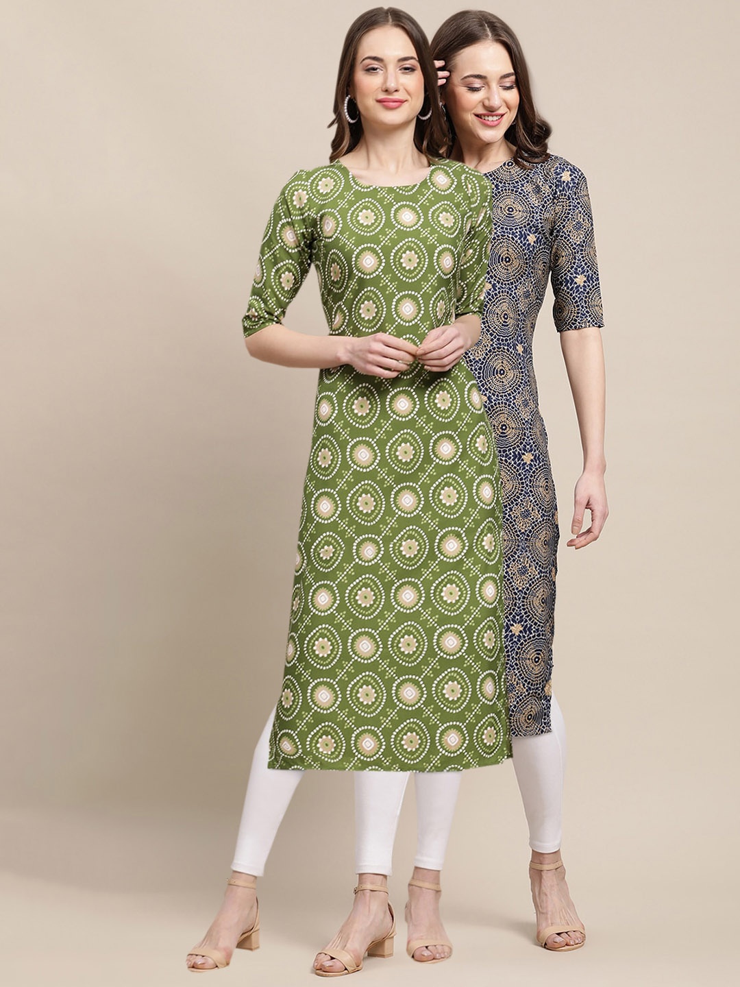 

7Threads Women Pack Of 2 Blue & Green Ethnic Motifs Printed Summer Sheers Crepe Kurta