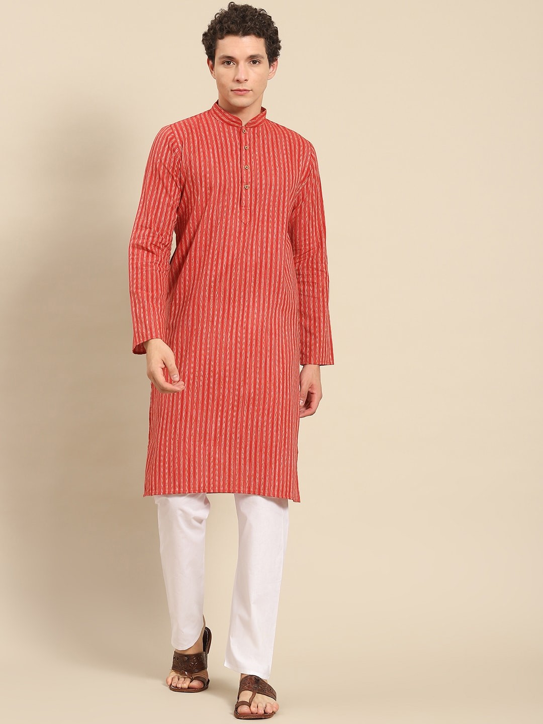 

RAJUBHAI HARGOVINDAS Men Red Striped Pure Cotton Kurta