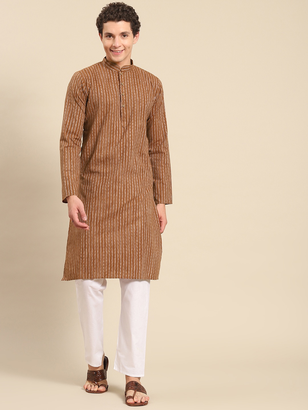 

RAJUBHAI HARGOVINDAS Men Brown Striped Pure Cotton Kurta