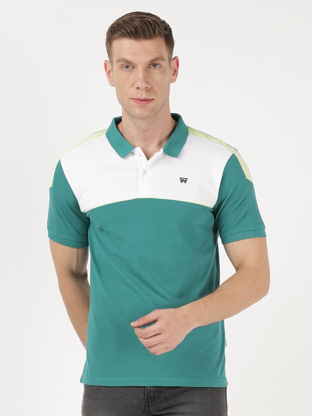 

Wrangler Men Green & White Colourblocked Polo Collar Cotton T-shirt
