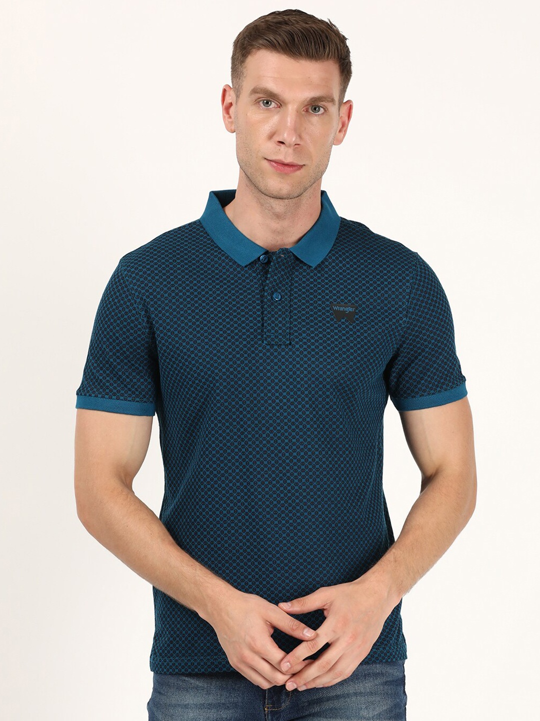 

Wrangler Men Green Printed Polo Collar Cotton T-shirt
