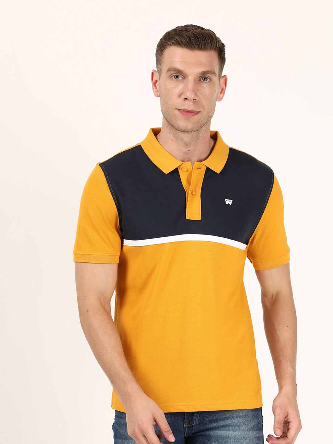 

Wrangler Men Black & Yellow Polo Collar Cotton T-shirt