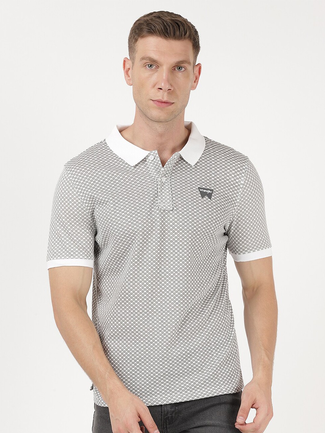

Wrangler Men Grey & White Polo Collar Cotton T-shirt