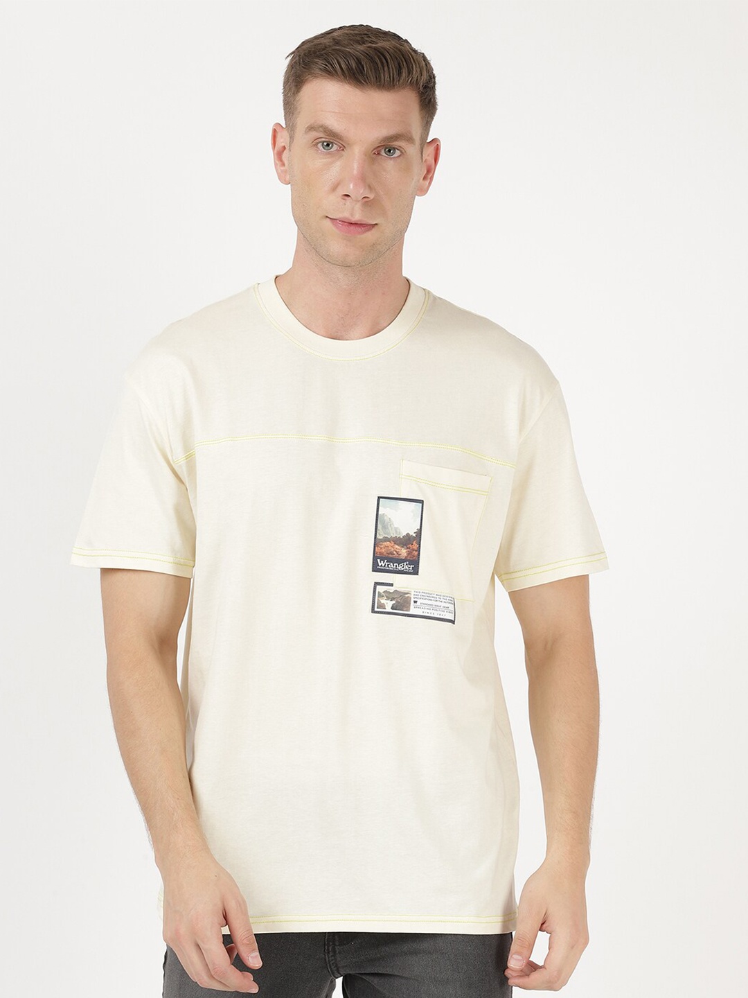 

Wrangler Men Cream-Coloured Printed Drop-Shoulder Sleeves Cotton T-shirt
