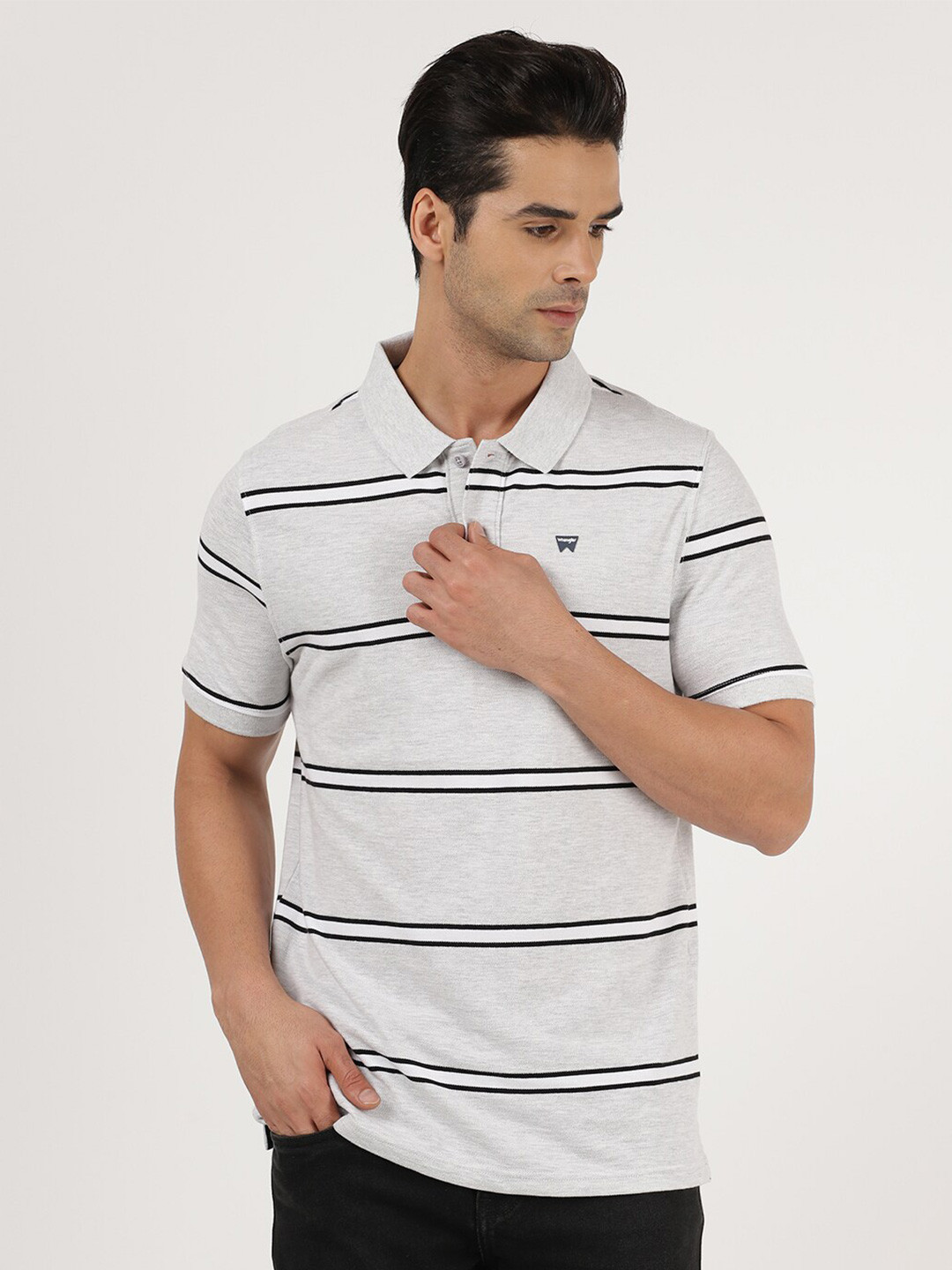 

Wrangler Men Grey & Black Striped Polo Collar Cotton T-shirt