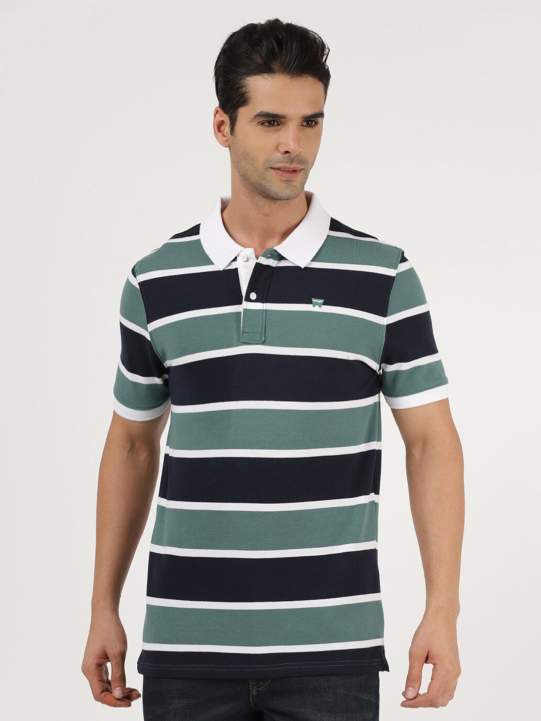 

Wrangler Men Green & Black Striped Polo Collar Cotton T-shirt