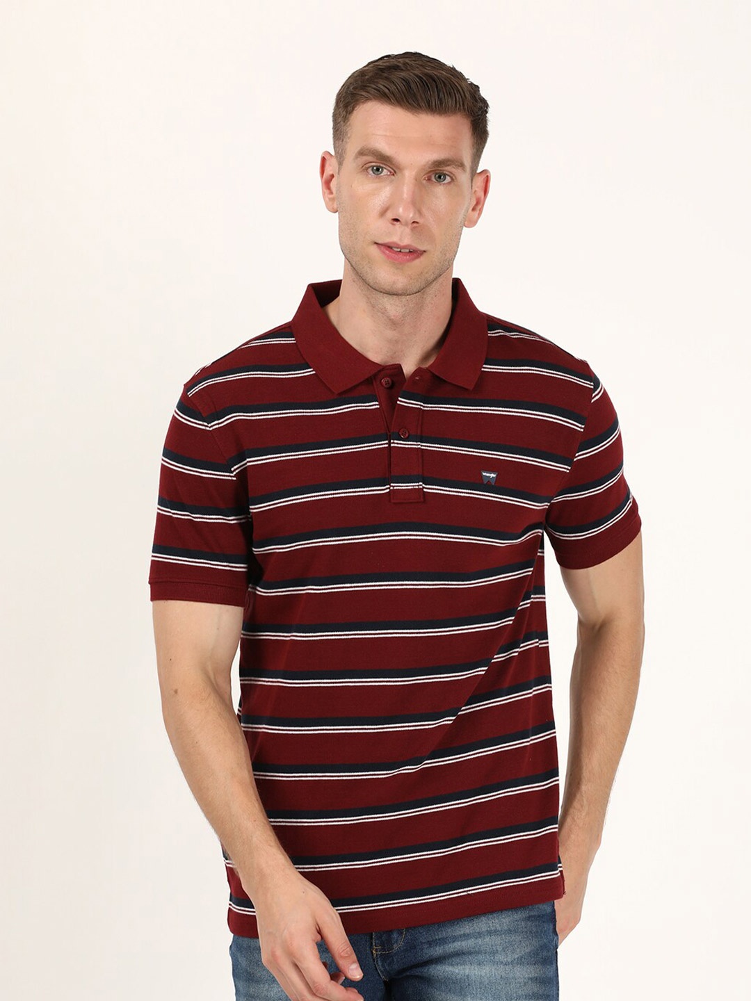 

Wrangler Men Maroon Striped Polo Collar Cotton T-shirt