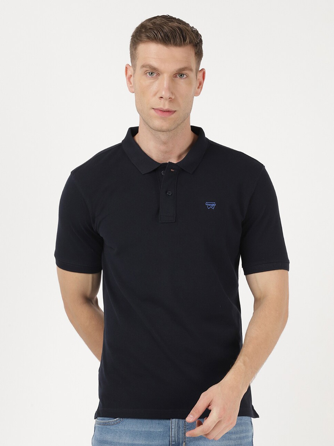 

Wrangler Men Black Polo Collar Cotton T-shirt