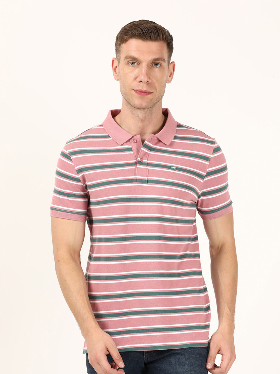 

Wrangler Men Pink & Grey Striped Polo Collar Cotton T-shirt
