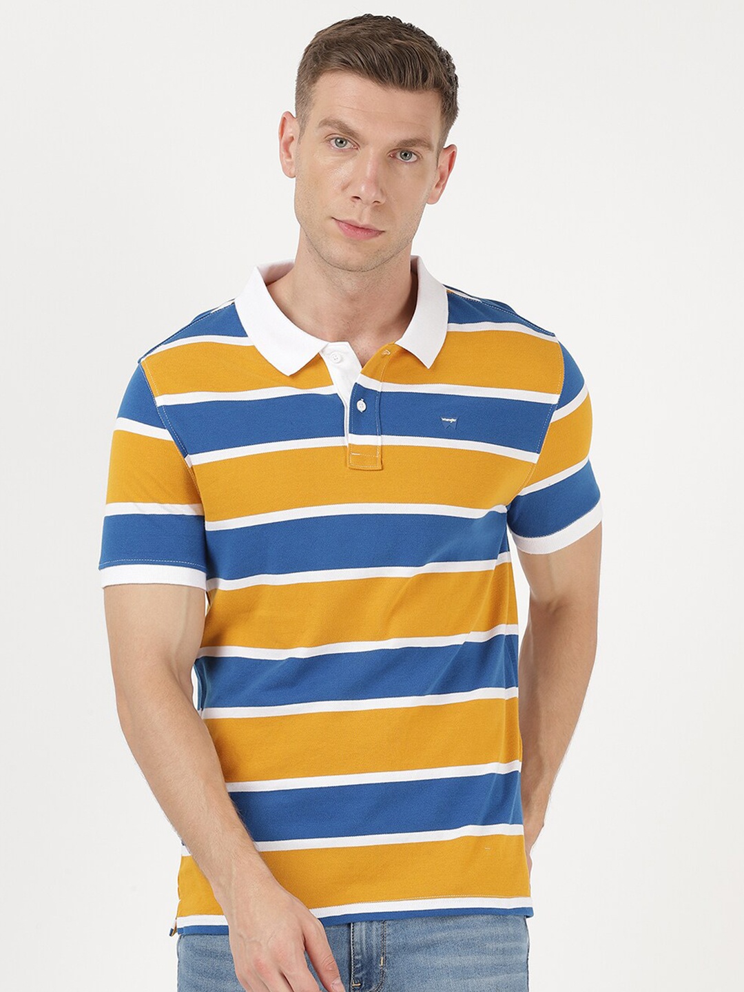 

Wrangler Men Yellow & Blue Striped Polo Collar Cotton T-shirt