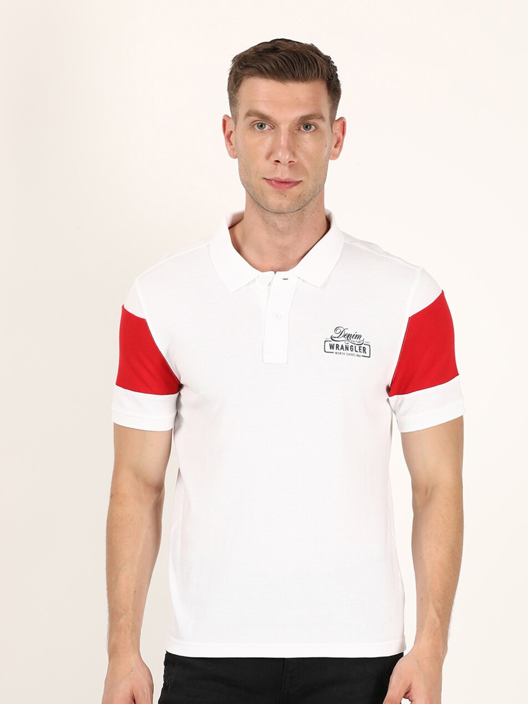 

Wrangler Men White & Red Polo Collar Cotton T-shirt
