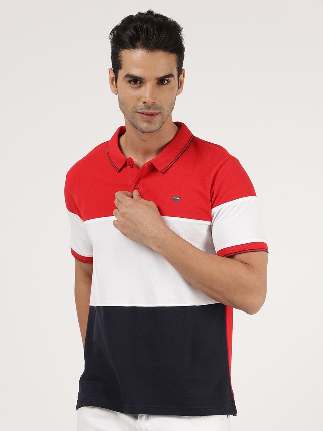 

Wrangler Men Red & White Colourblocked Polo Collar Cotton T-shirt