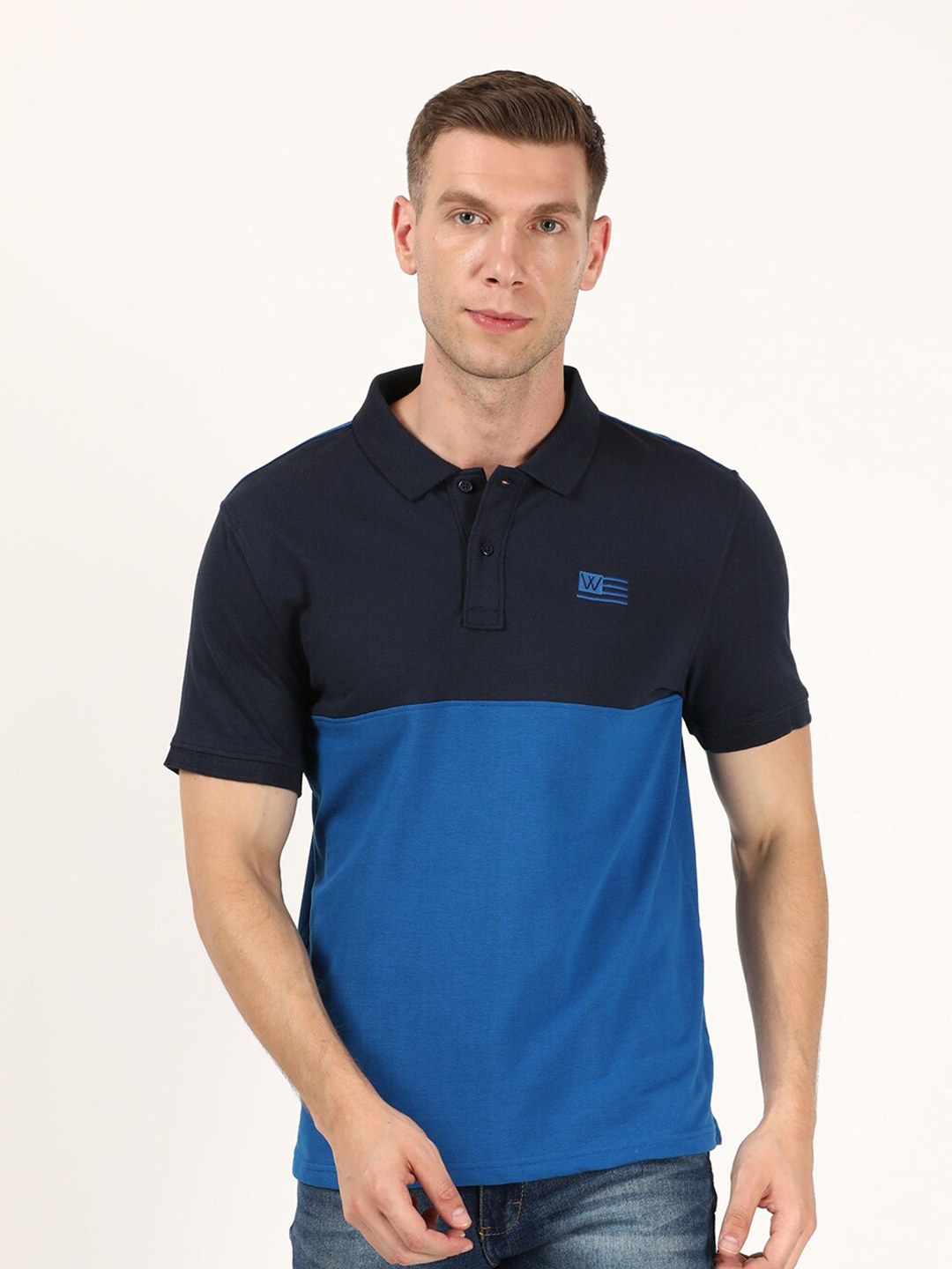 

Wrangler Men Navy Blue & Blue Colourblocked Polo Collar Raw Edge Cotton T-shirt