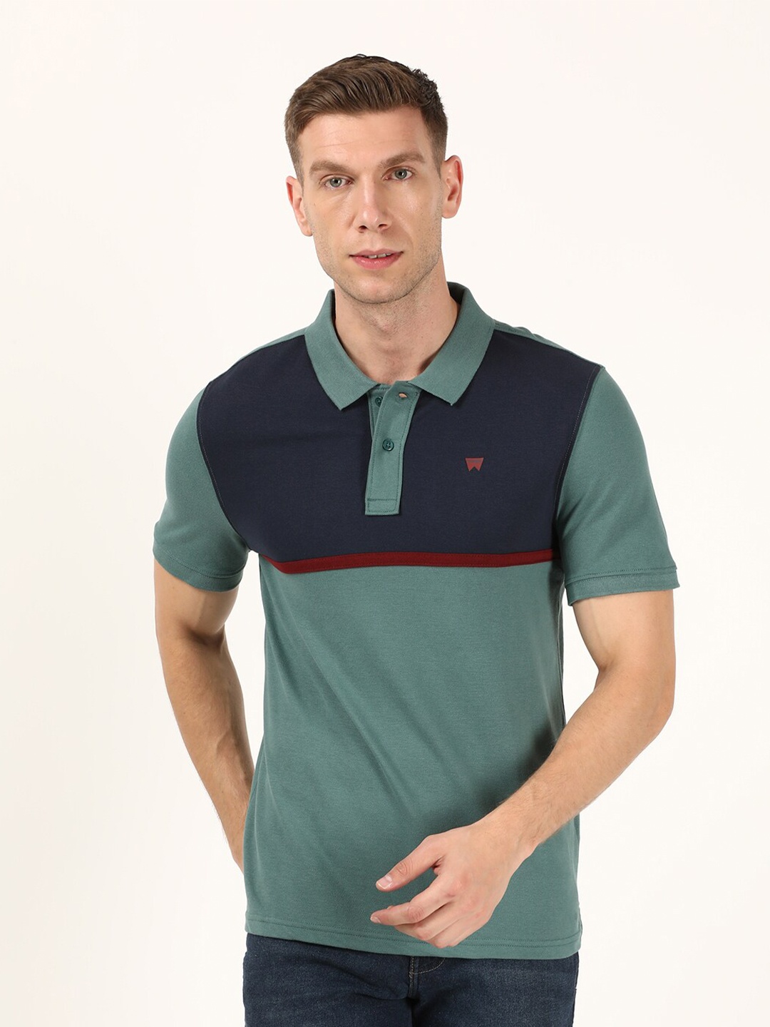 

Wrangler Men Blue & Green Colourblocked Polo Collar Regular Sleeves Cotton T-shirt