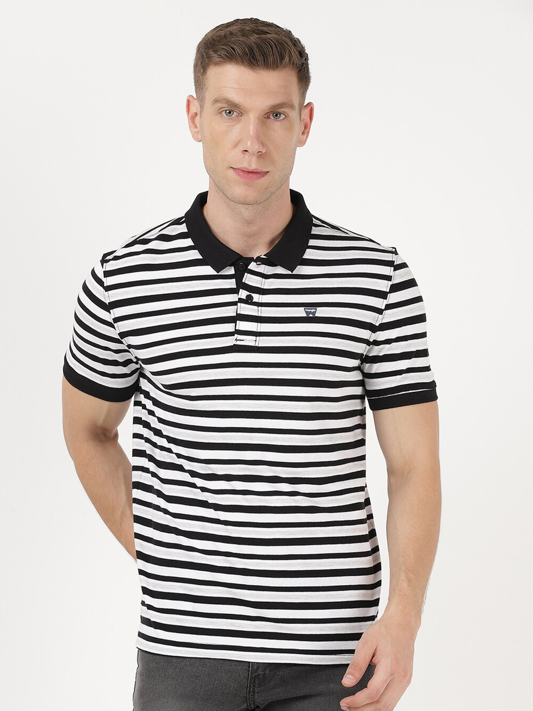 

Wrangler Men White & Black Striped Polo Collar T-shirt