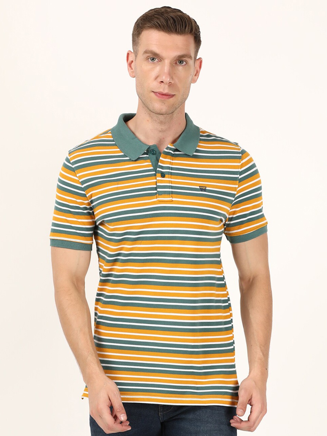 

Wrangler Men Mustard Yellow & Blue Striped Polo Collar Cotton T-shirt