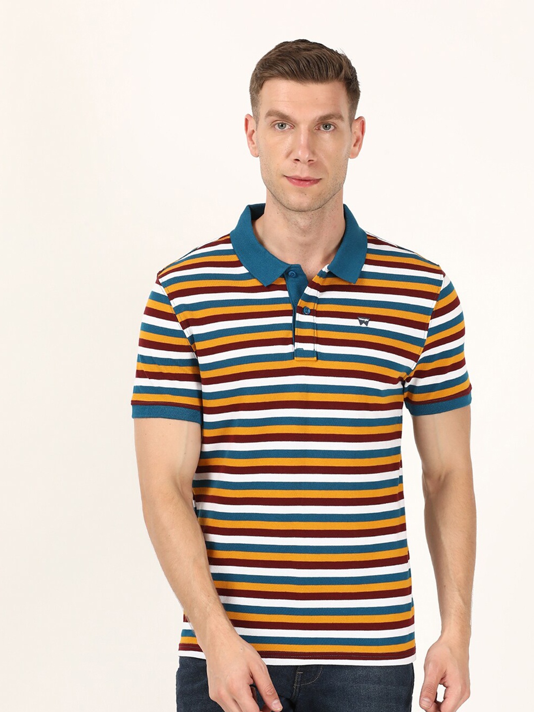 

Wrangler Men Blue & Yellow Striped Polo Collar Cotton T-shirt