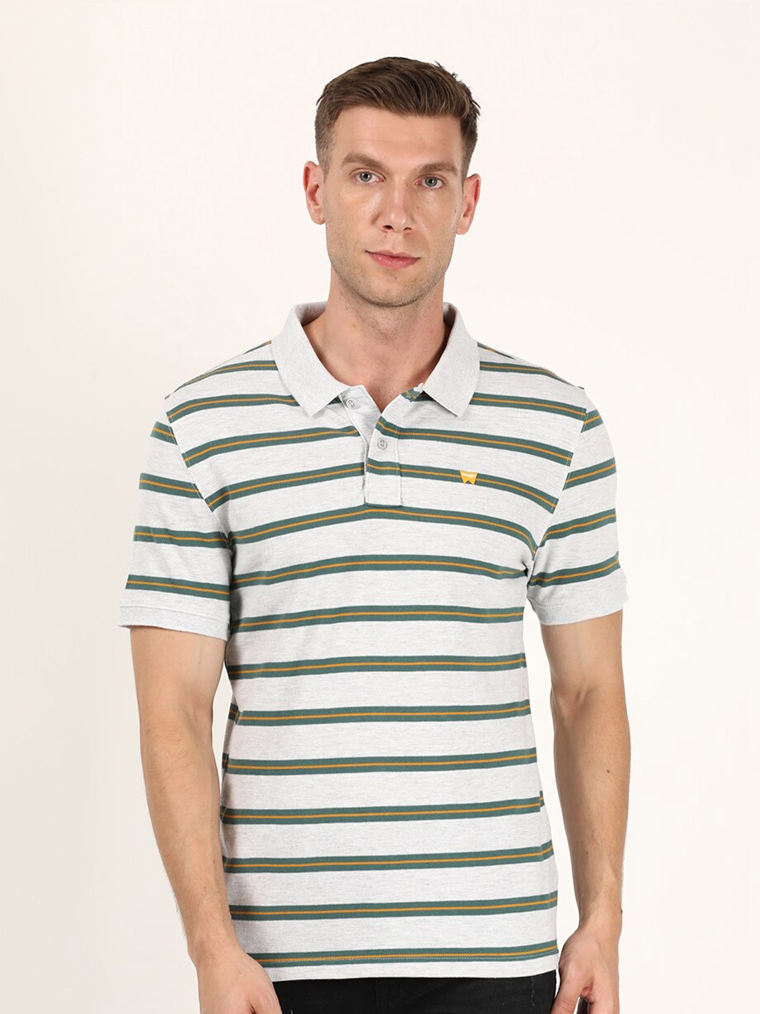 

Wrangler Men Grey & Green Striped Polo Collar Cotton T-shirt