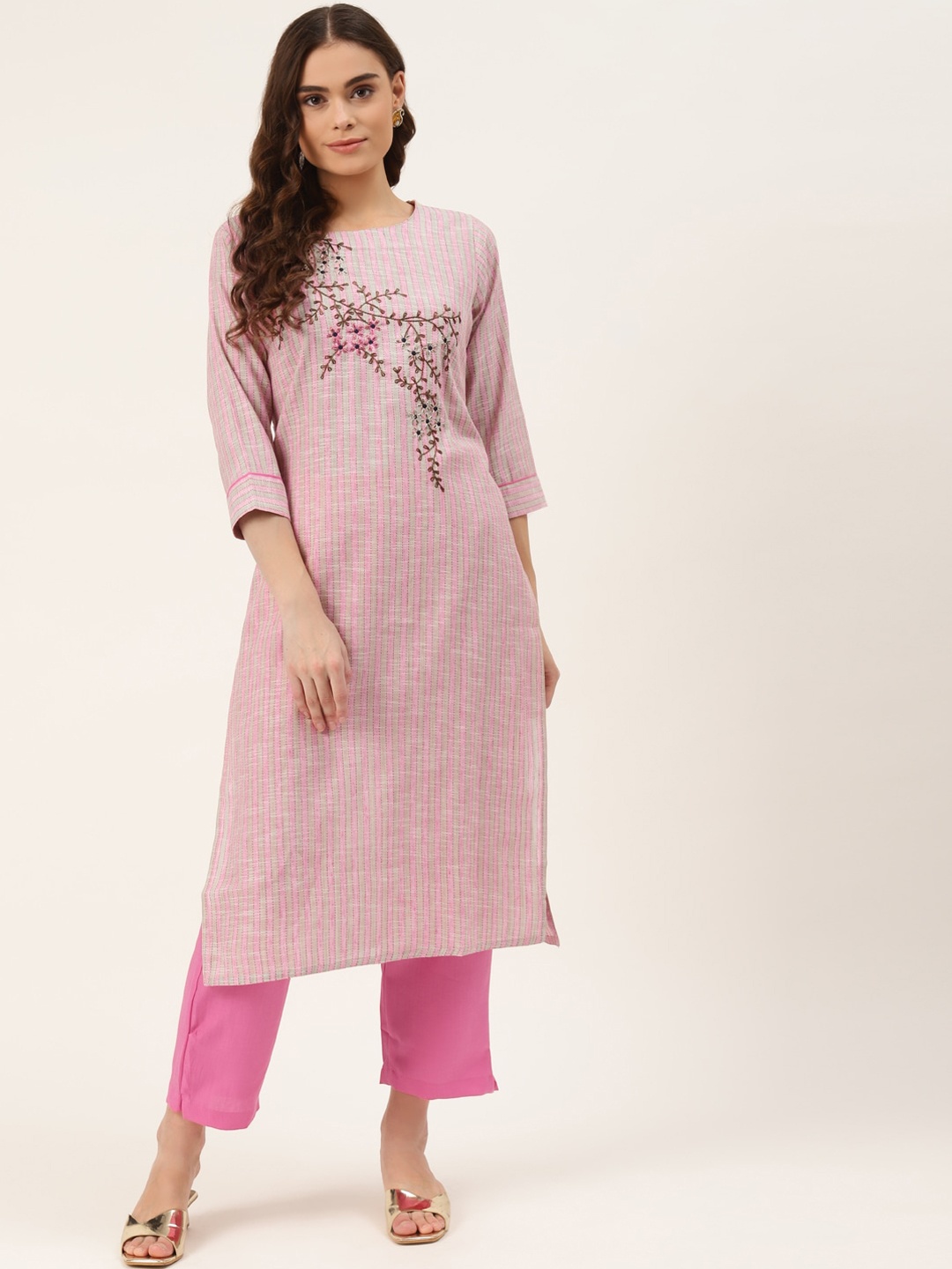 

INDYES Women Pink Floral Embroidered Kantha Work Pure Cotton Kurta with Trousers