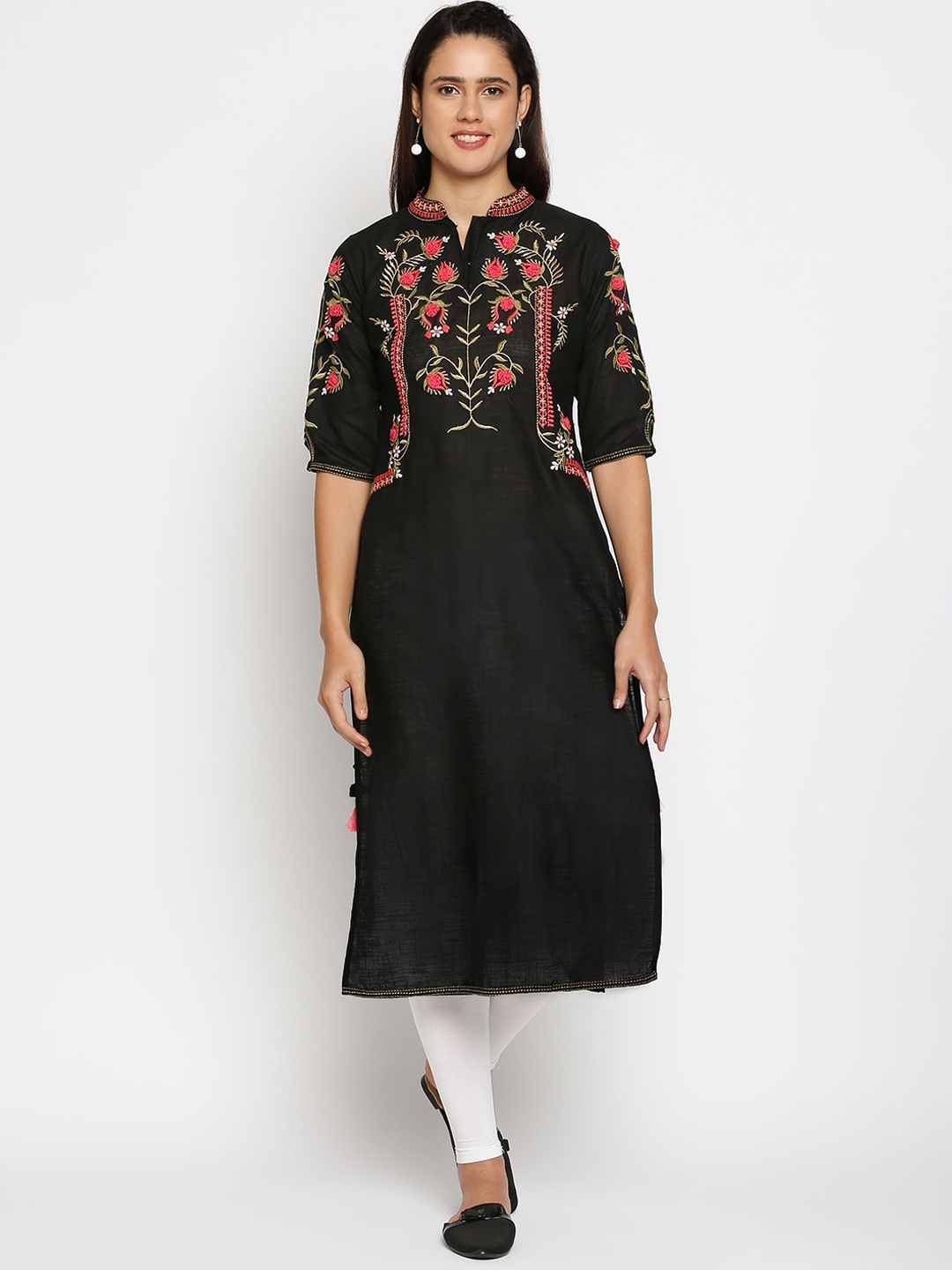 

INDYES Women Black Floral Embroidered Flared Sleeves Thread Work Floral Kurta
