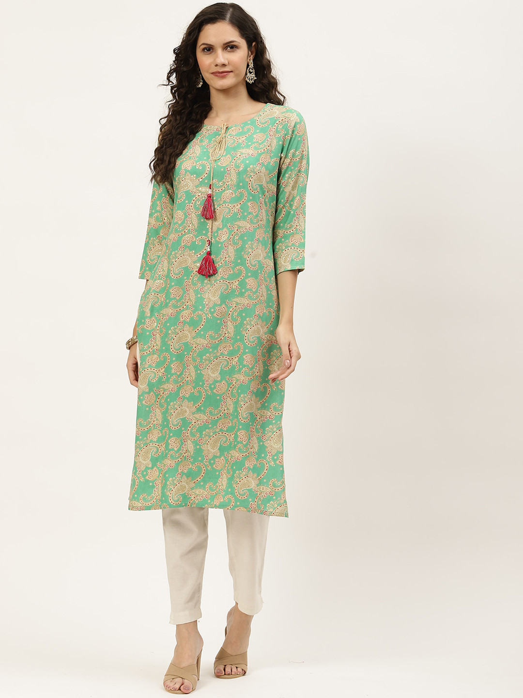 

INDYES Women Pure cotton Sea Green & Beige Paisley Printed Pastels Kurta