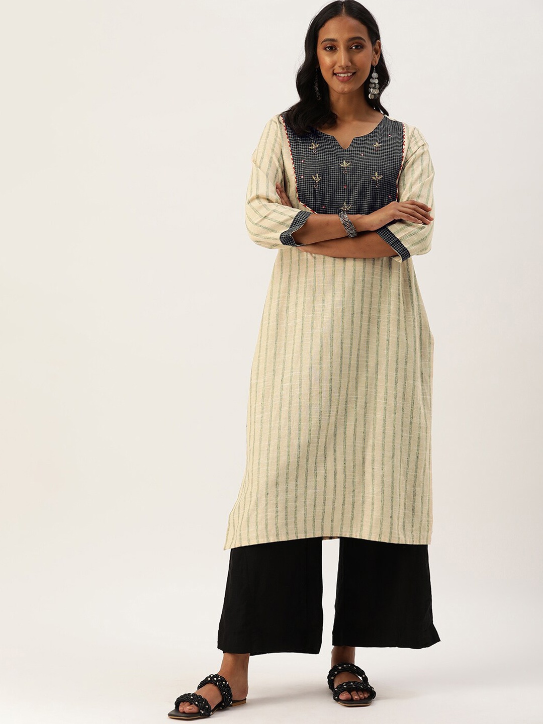

INDYES Women Pure cotton Beige & Black Striped Thread Work Kurta
