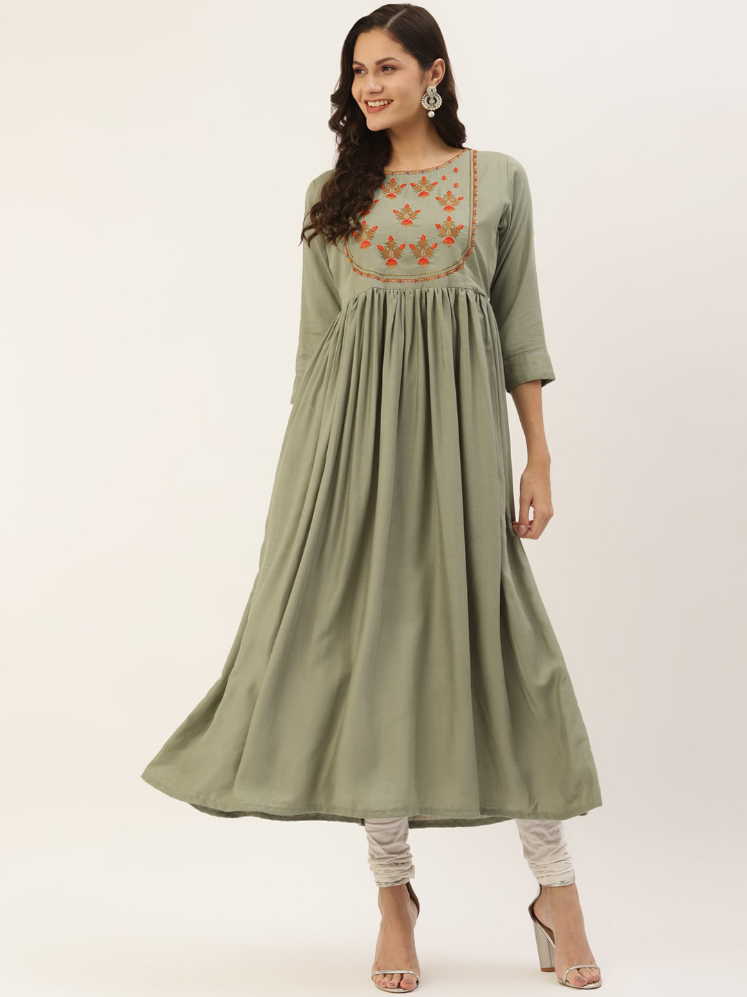 

INDYES Women Green & Orange Floral Embroidered Thread Work Anarkali Kurta