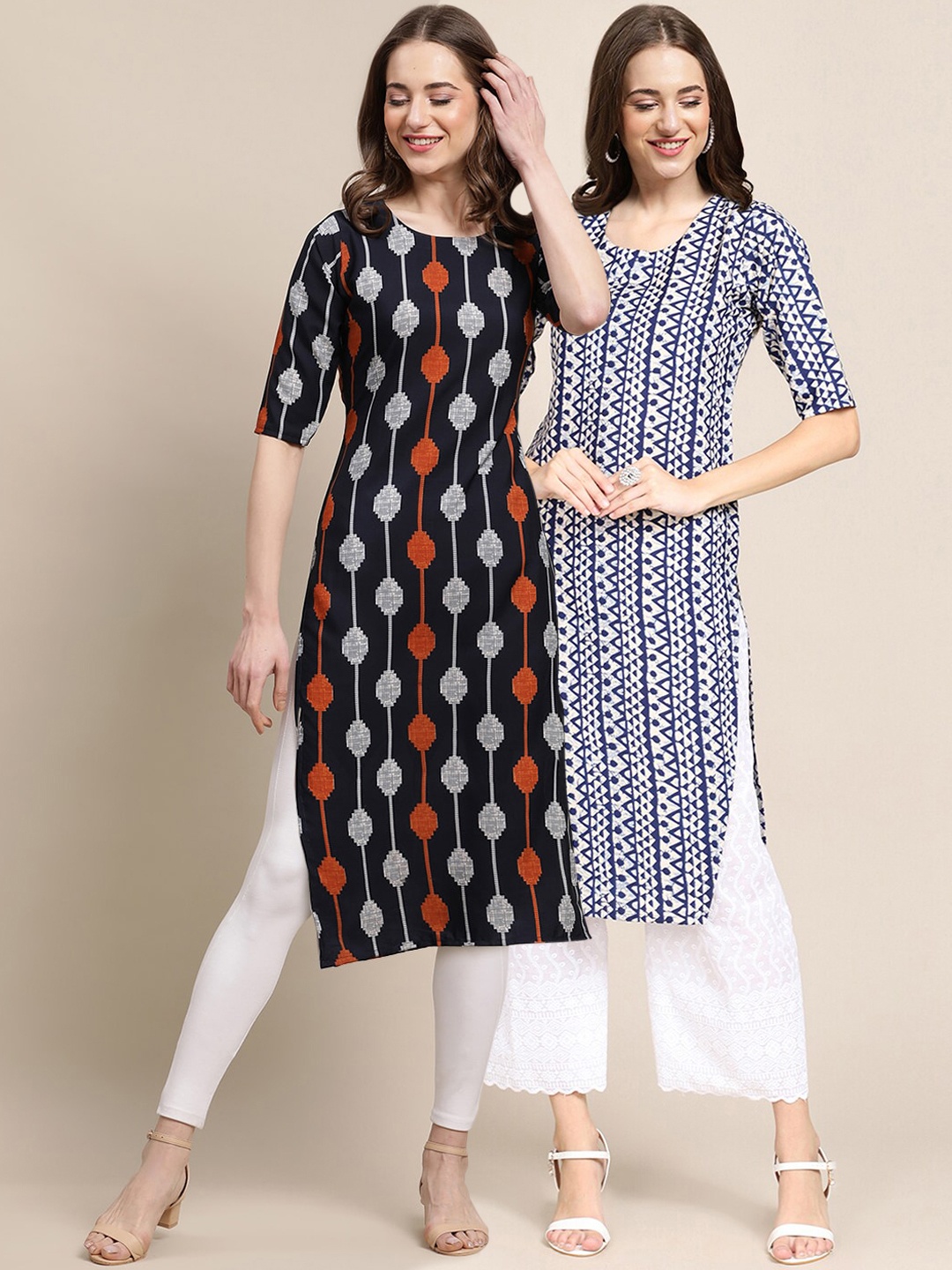 

7Threads Women Pack Of 2 Black & Blue Printed Crepe Straight Kurta