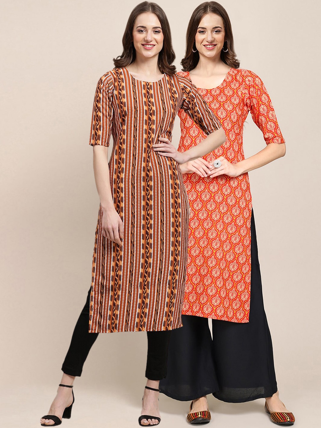 

7Threads Women Pack Of 2 Coral & Brown Printed Crepe Straight Kurta