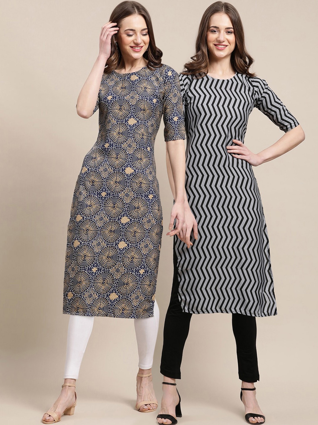 

7Threads Women Pack Of 2 Blue & Grey Geometric Printed Crepe Kurta