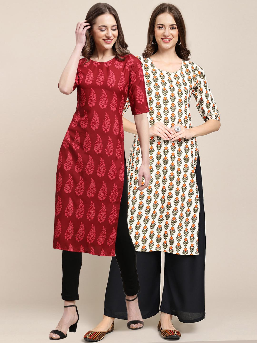 

7Threads Women Red & White Ethnic Motifs Printed Crepe Kurta