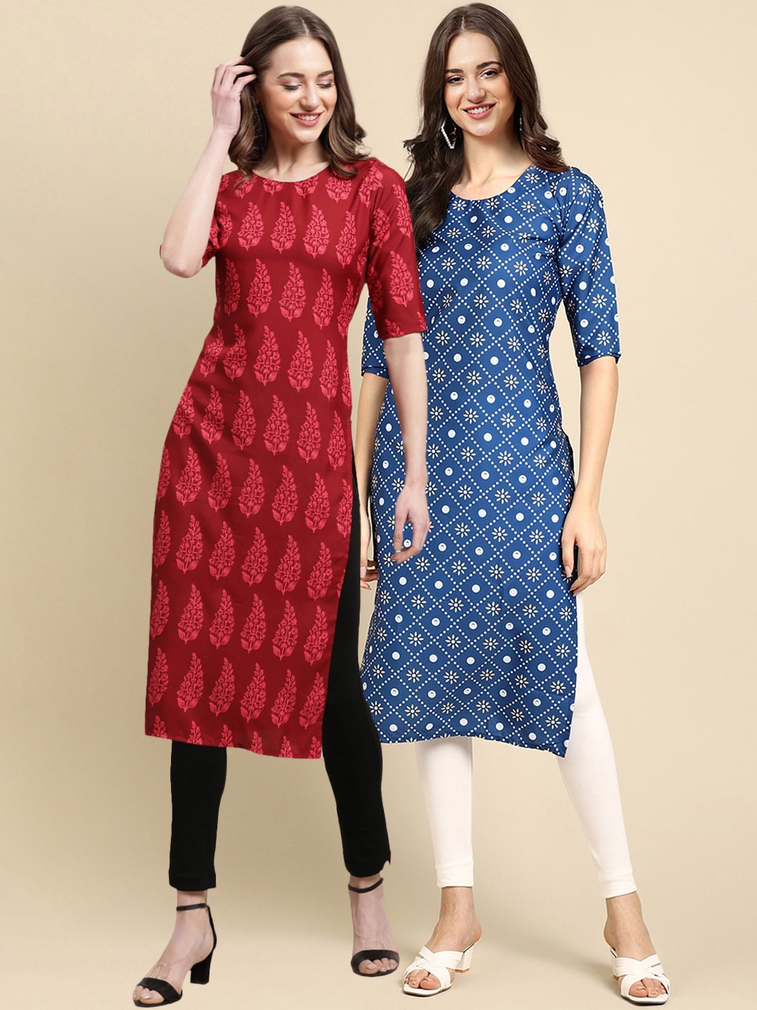 

7Threads Women Pack Of 2 Red & Blue Geometric Printed Crepe Kurta