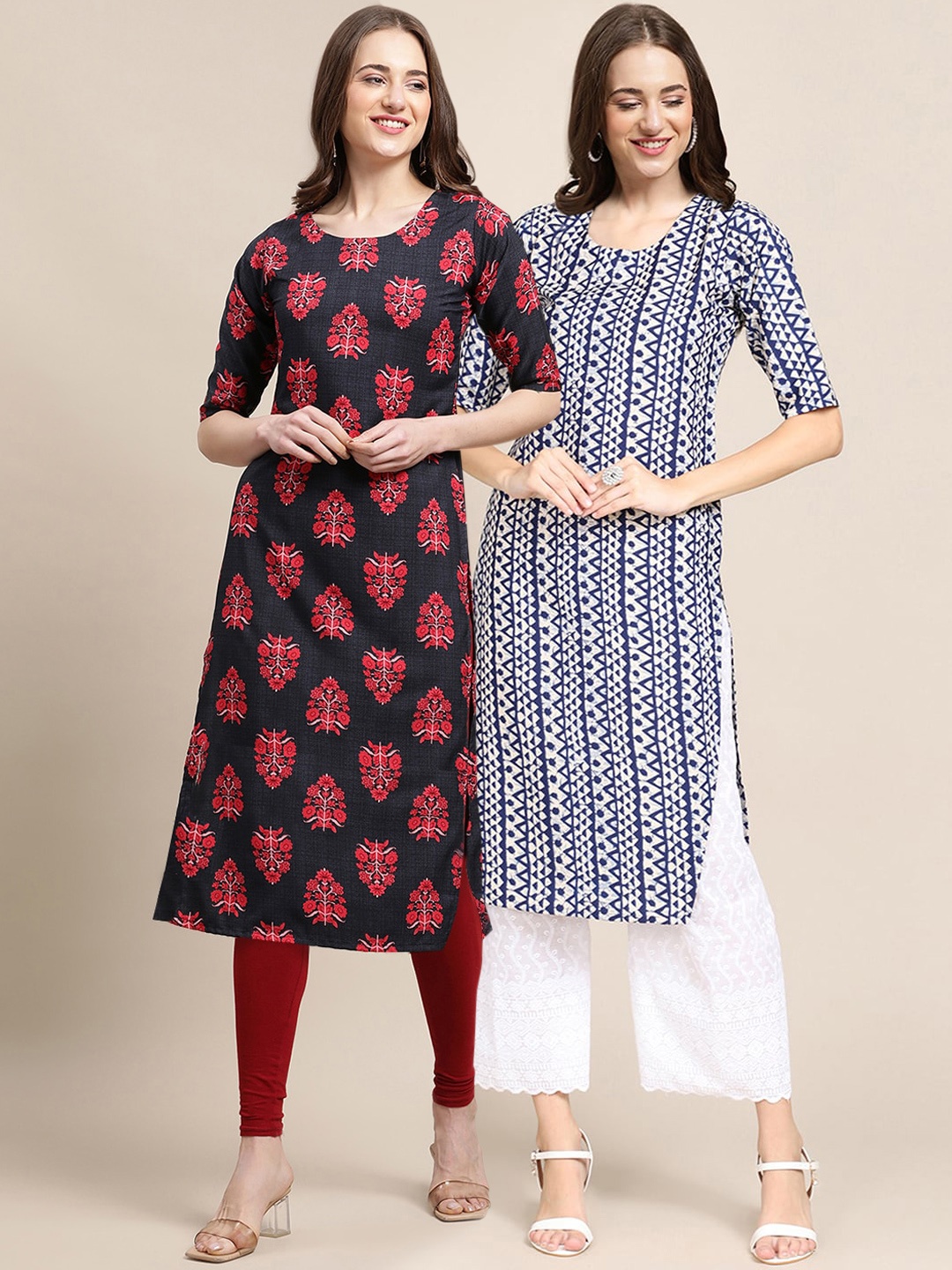 

7Threads Women Pack Of 2 Navy Blue & White Geometric Printed Crepe Kurta
