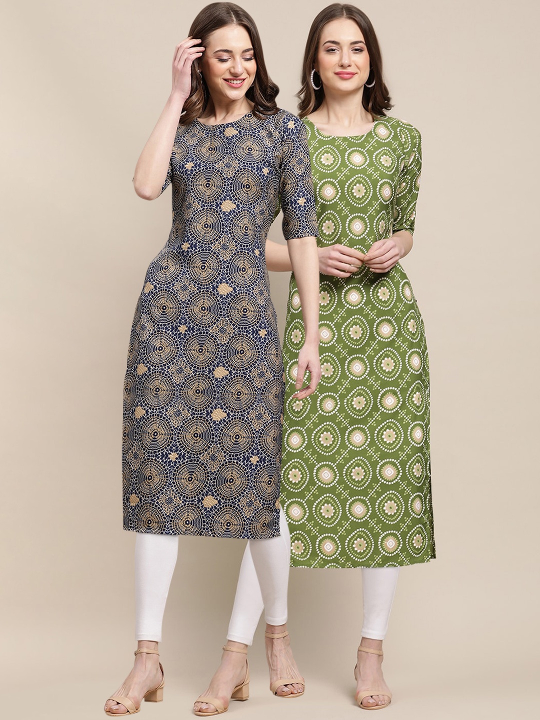 

7Threads Women Pack Of 2 Navy Blue & Green Geometric Printed Crepe Kurta