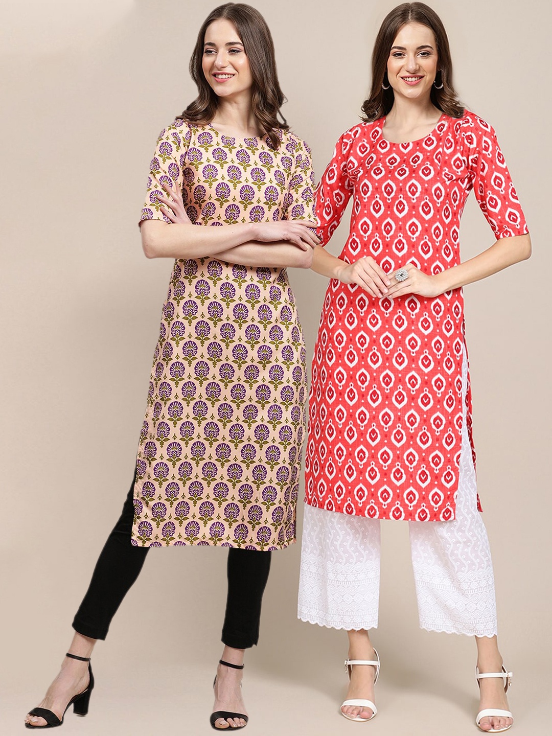 

7Threads Women Pack of 2 Coral & Peach-Coloured Ethnic Motifs Printed Crepe Kurta