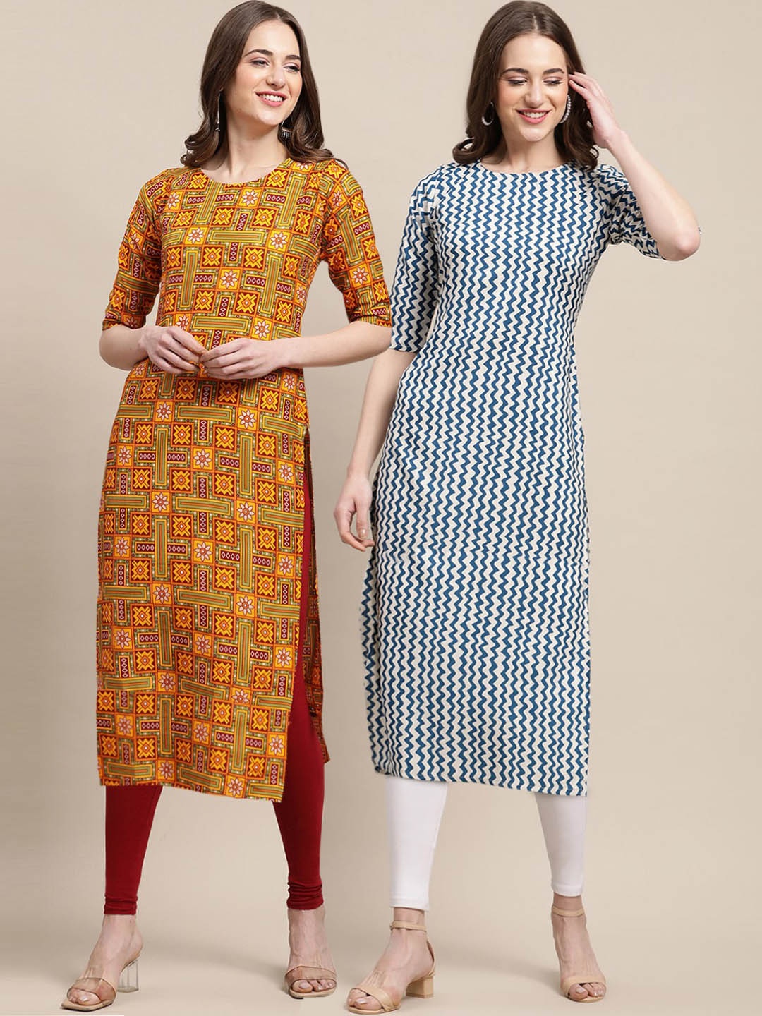 

7Threads Women Pack of 2 Mustard Yellow & White Geometric Printed Crepe Kurta