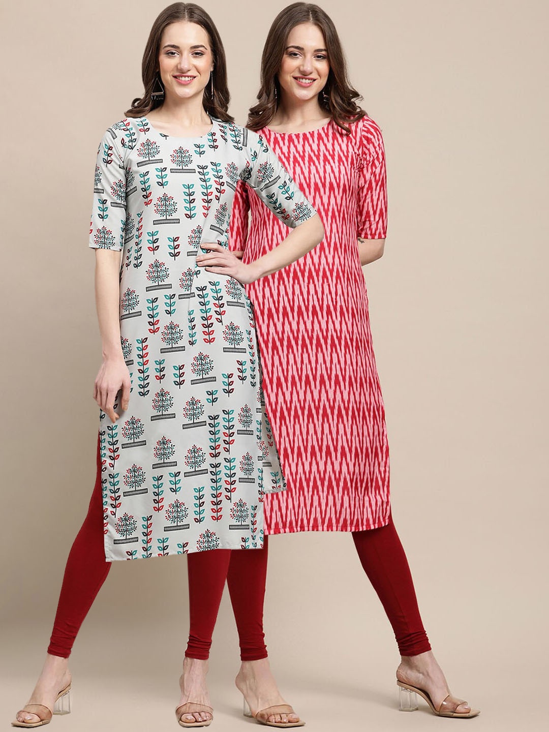 

7Threads Women Pack of 2 Grey & Red Ethnic Motifs Printed Crepe Kurta