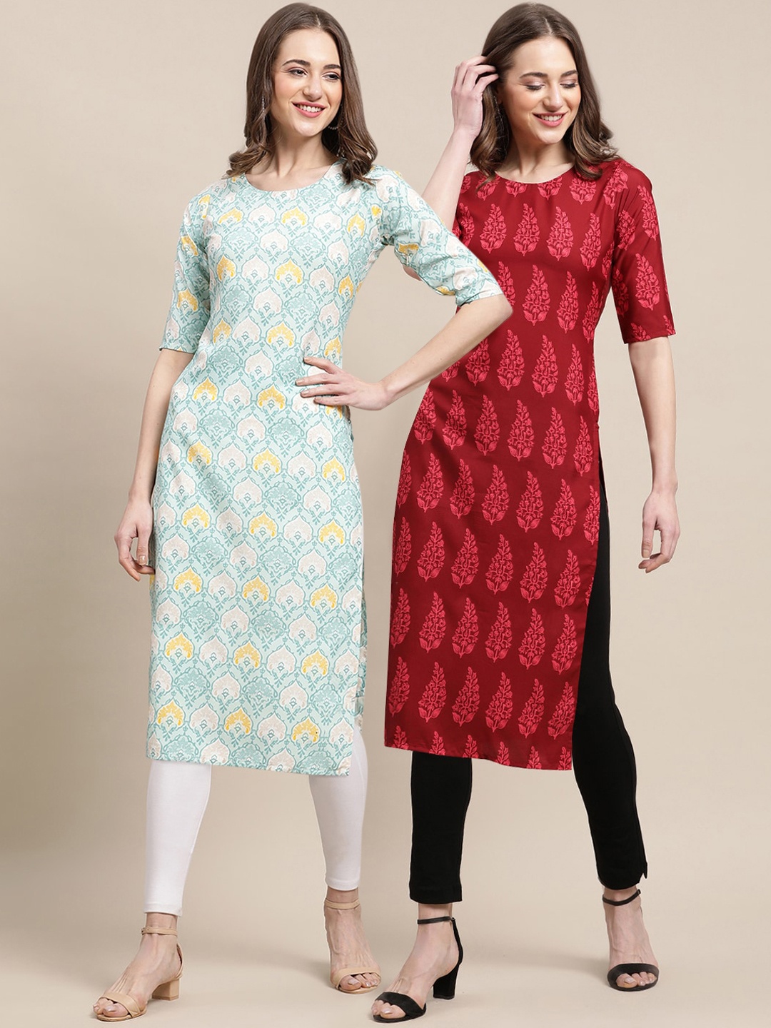 

7Threads Women Pack of 2 Blue & Red Ethnic Motifs Printed Crepe Kurta