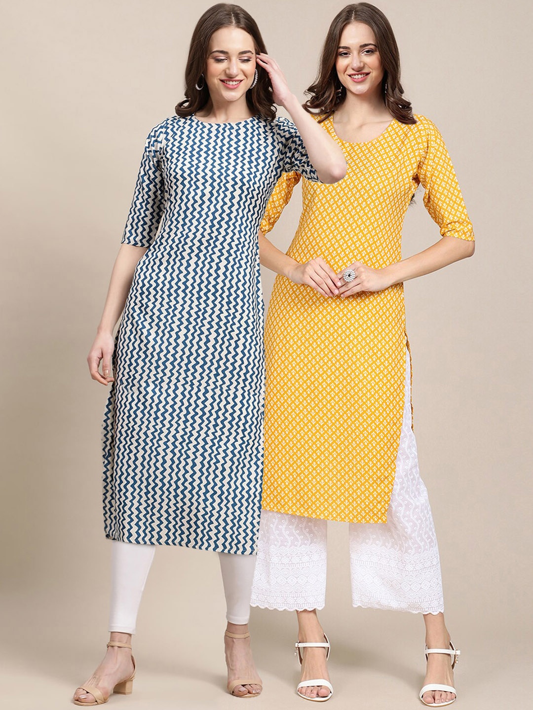 

7Threads Women Pack of 2 Blue & Yellow Geometric Printed Summer Sheers Crepe Kurtas