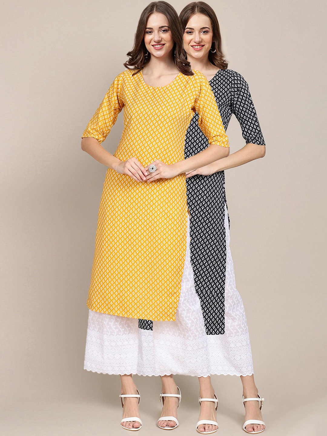 

7Threads Women Pack of 2 Yellow & Black Ethnic Motifs Printed Summer Sheers Crepe Kurtas