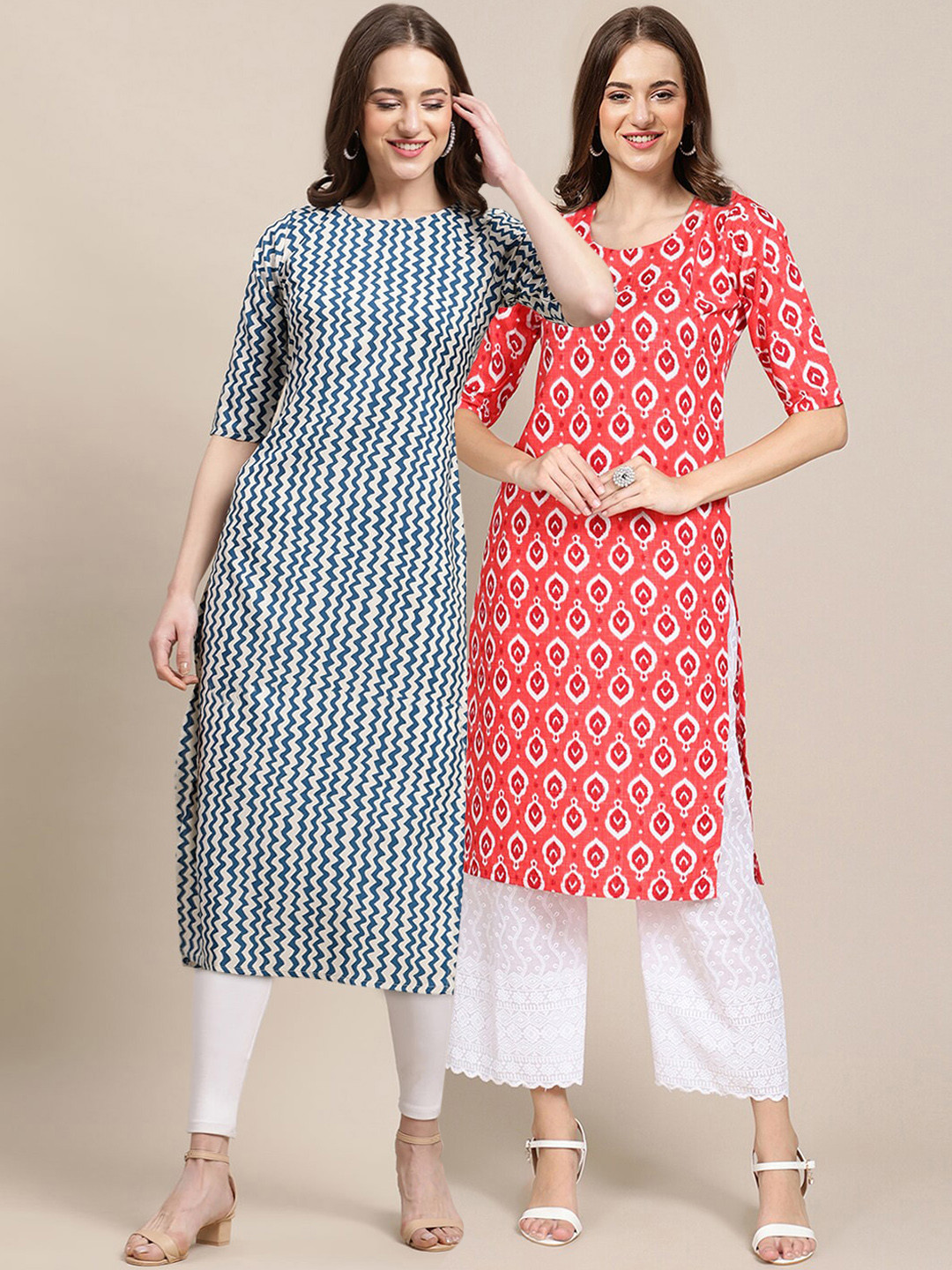 

7Threads Women Pack Of 2 Orange & Blue Geometric Printed Crepe Kurta